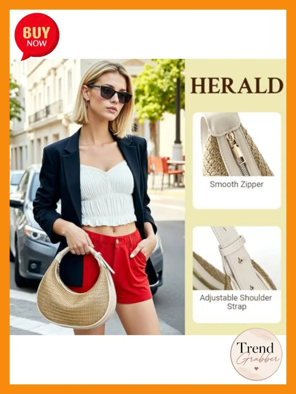 Straw Crescent Hobo Shoulder Purses Handbag with 3-Way Carry, PU Leather